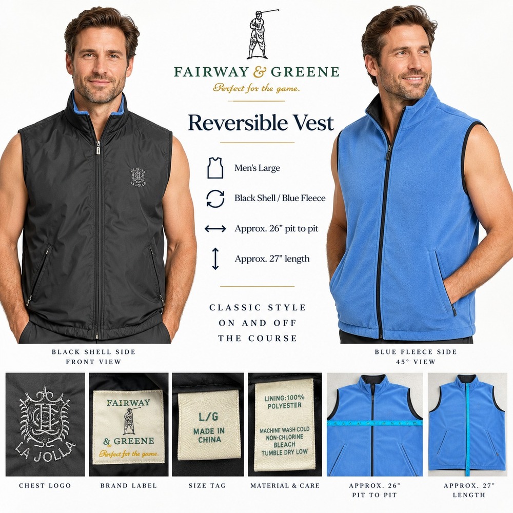 Fairway & Greene Men's Large Full Zip Reversible Fleece Black Blue Golf Vest